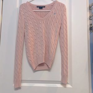 Light pink polo V neck sweater.